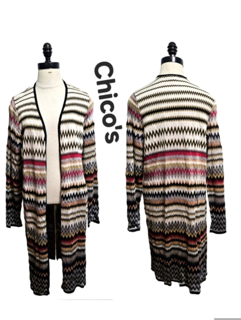 Chico's Open-Front Multicolor Chevron Long Sleeve Cardigan Sweater Sz 2 (L)